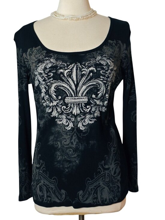 Vocal Tops - Vocal Womens XL Rhinestone Top Black Lng Slv Embellished Fleur-De-Lis Graphic